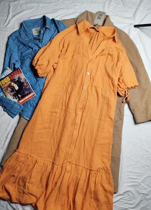 Bsl платье муслин оранжевое оверсайз свободное с рукавом длинн...