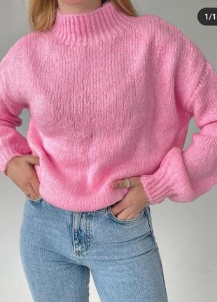 Розовый барби свитер под горло с длинным рукавом вязаный оверс...