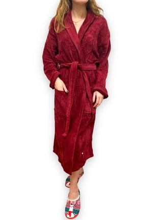Теплый махровый женский турецкий халат бордовый