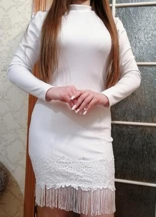 Платье женское белое с бахромой мини