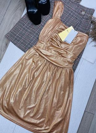 Новое золотистое вечернее платье m платье на одно плечо коротк...