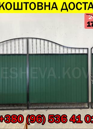 Кованые ворота с ковкой и зеленым профнастилом Код: А-0103