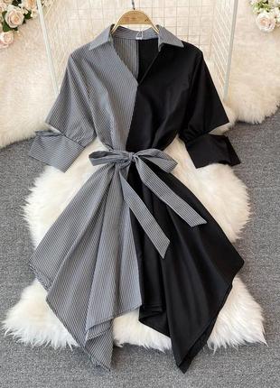 Платье комбинированное с ассиметричным кроем под пояс черный+г...