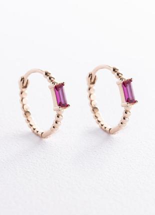 Золотые серьги - кольца Аннабель с розовыми фианитами с08499 О...