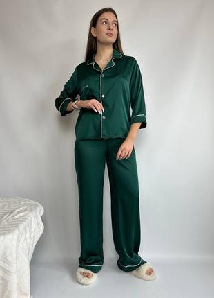 Нежный домашний костюм-пижама рубашка+штаны шелк Армани зеленый