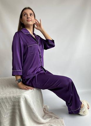 Нежный домашний костюм-пижама рубашка+штаны шелк Армани фиолет...
