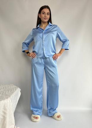 Нежный домашний костюм-пижама рубашка+штаны шелк Армани голубой