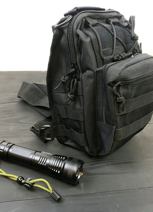 Набір: армійська чорна сумка + тактичний ліхтар професійний POLIC