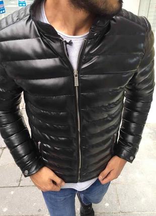 Мужская куртка черная на молнии экокожа, Турция