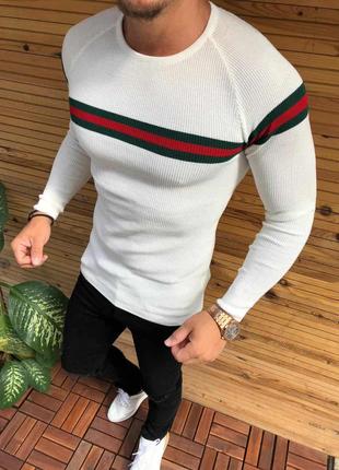 Мужской свитер белый с полосой на груди Турция