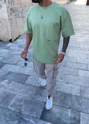 Мужская зеленая фисташковая футболка с карманом оверсайз, Турция