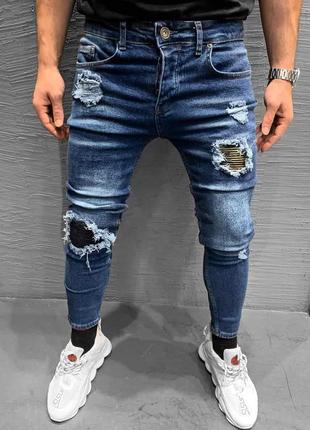 Мужские синие зауженные джинсы с заплатками, Турция
