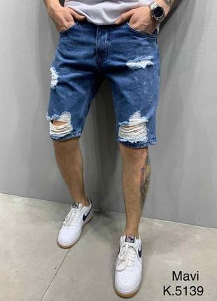 Мужские синие джинсовые шорты рваные по колено, Турция