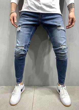 Мужские синие зауженные джинсы рваные, Турция