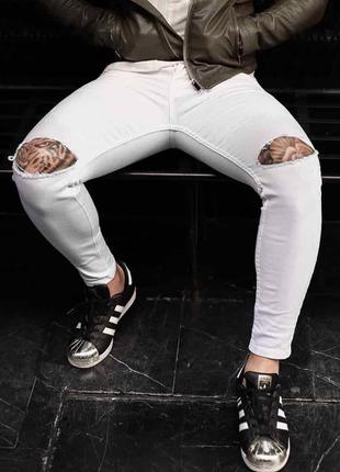 Мужские белые зауженные джинсы с рваными коленями, Турция