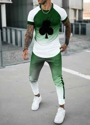 Мужской спортивный костюм зеленый, штаны + футболка, Турция