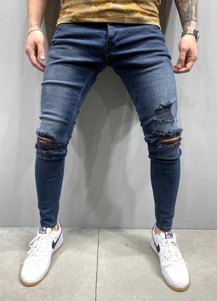 Мужские синие зауженные джинсы с рваными коленями, Турция