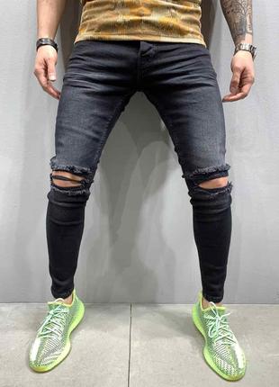 Мужские черные зауженные джинсы с рваными коленями, Турция