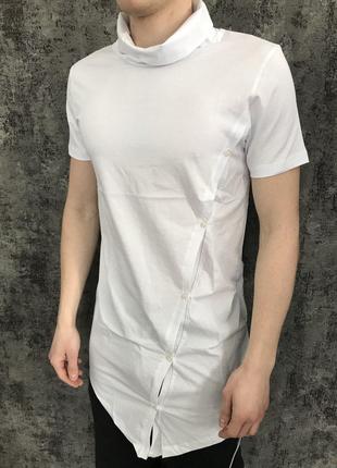 Мужская белая рубашка с коротким рукавом ассиметричная, Турция