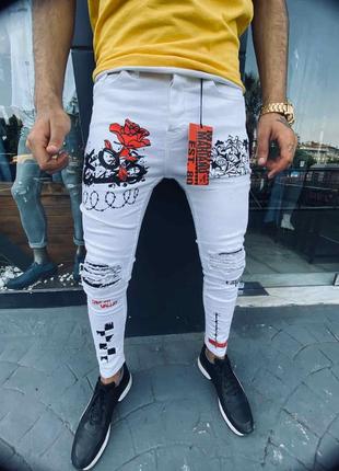 Мужские белые зауженные джинсы с надписями, Турция