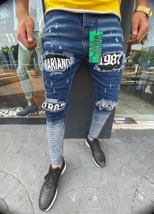 Мужские синие зауженные джинсы с заплатками и надписями, Турция