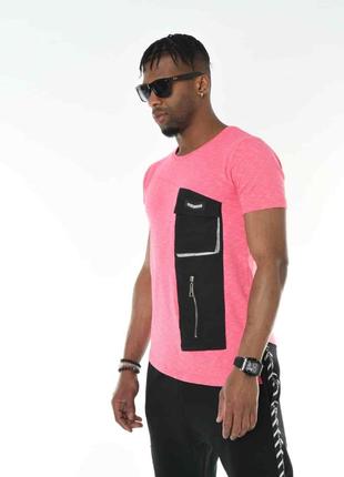 Мужская розовая футболка с черным карманом, Турция