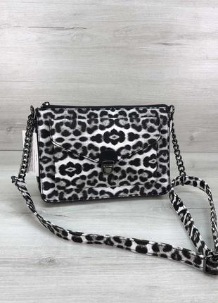 Клатч на цепочке черно белый леопард сумка кроссбоди через плечо