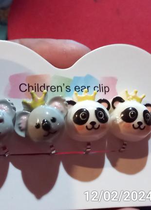Детские клипсы (без прокола) серьги панды и коала
