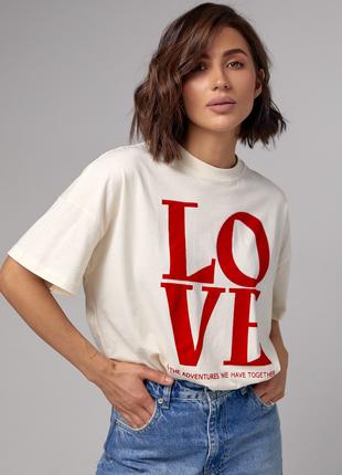 Жіноча бавовняна футболка з написом LOVE - кремовий колір, L