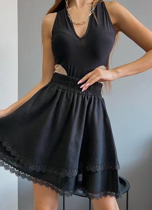 Льняная юбка с кружевом талия на резинке черный