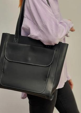 Женская кожаная сумка шоппер, шопер из натуральной кожи черный