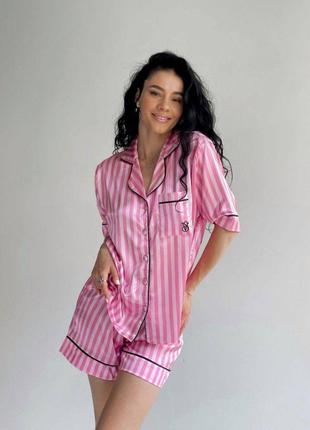 Пижама виктория сикрет розовая с шортами, Женские шелковые пиж...