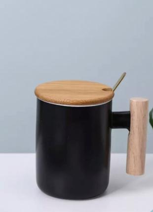 Кухоль керамічний з дерев'яною ручкою, кришкою та ложкою 380 м...