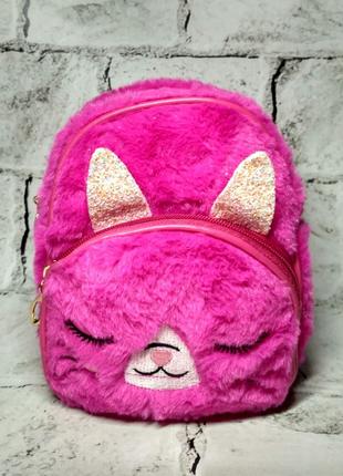 Рюкзак мини сумочка детский меховый котик малиновый 18х15 см