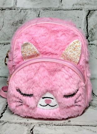 Рюкзак мини сумочка детский меховый котик розовый 18х15 см