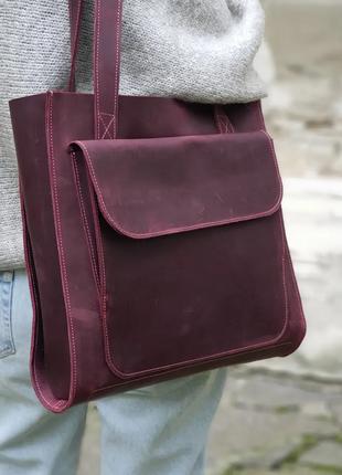 Женская кожаная сумка шоппер, шопер из натуральной кожи бордовая