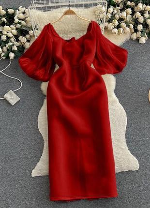 Елегантне атласне плаття з пишними рукавами з органзи червоний