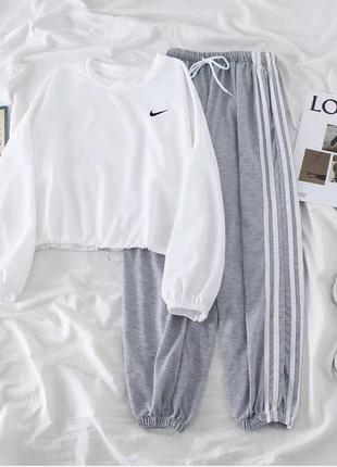 Женский спортивный костюм с лампасами двухнить белый+серый