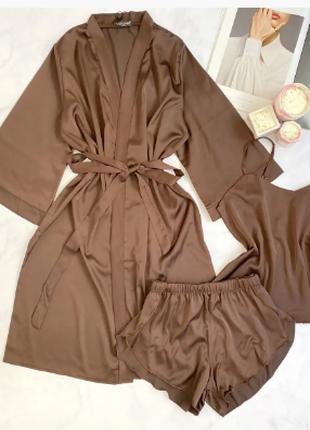 Шелковый комплект тройка халат и пижама с шортами цвет МОККО, ...