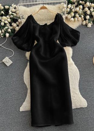 Элегантное атласное платье с пышными рукавами из органзы черный