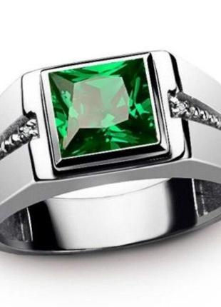 Мужское перстень печатка с фианитами и зеленым камнем, винтажн...