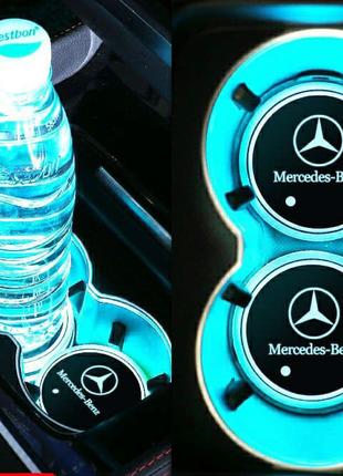 Подсветка подстаканника RGB в авто с логотипом автомобиля MERC...