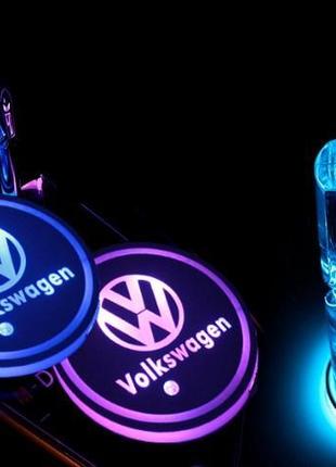 Подсветка подстаканника RGB в авто с логотипом автомобиля VOLK...