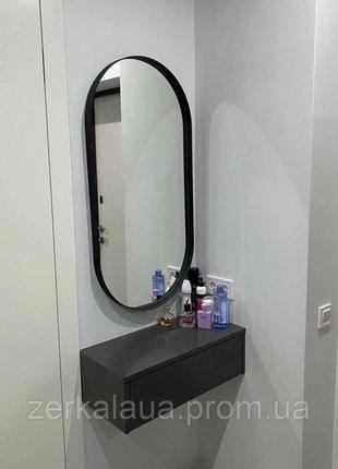 Овальное зеркало в металлической раме. Зеркало в ванную, черны...