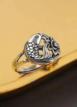Женское кольцо в виде рыбы Древний Карась с Лотосом регулируемое