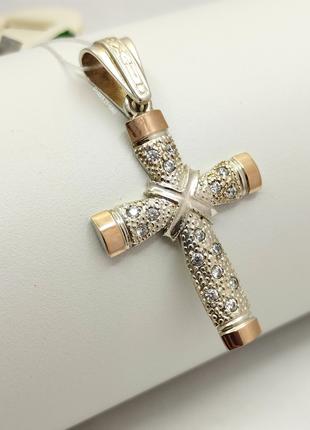 Серебряный крест с золотыми пластинами и цирконием Ukr-gold.com