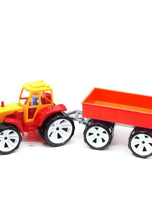 Трактор с прицепом, оранжево-красный