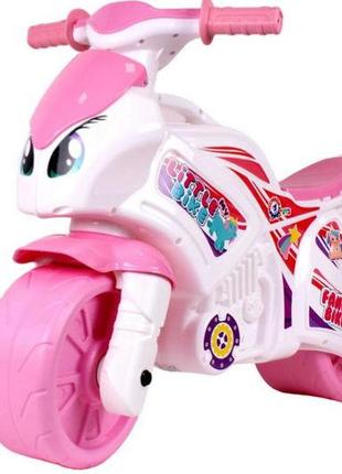 Детская каталка толокар Мотоцикл бело-розовый на выдувных коле...