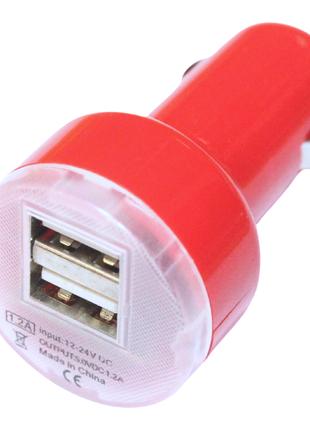 Зарядка автомобильная в прикуриватель 2 USB/2.1A/1A:Красный