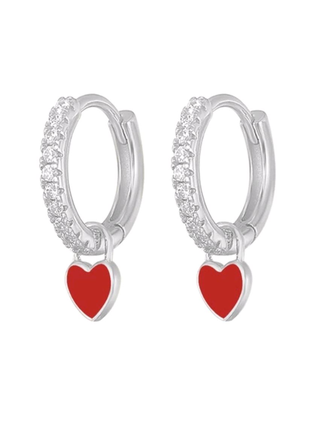 Серьги-кольца с красным сердечком из серебра 925 пробы